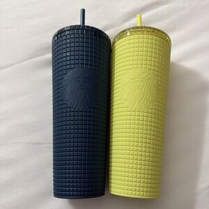 Starbucks Yellow & Blue Lot Textured Cold Cup 24oz Tumbler w/ Straw Siren Logo